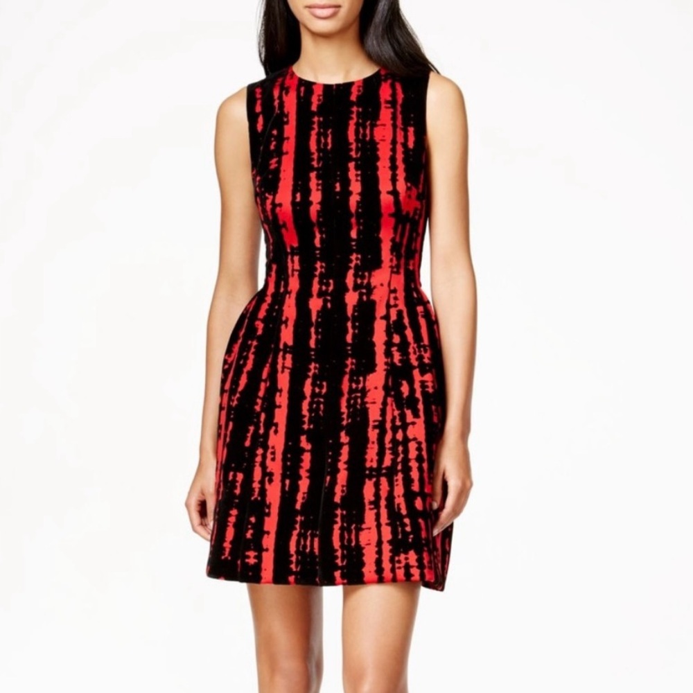 Calvin Klein Red Black Velvet Sleeveless Flare Party‎ Dress Size 2